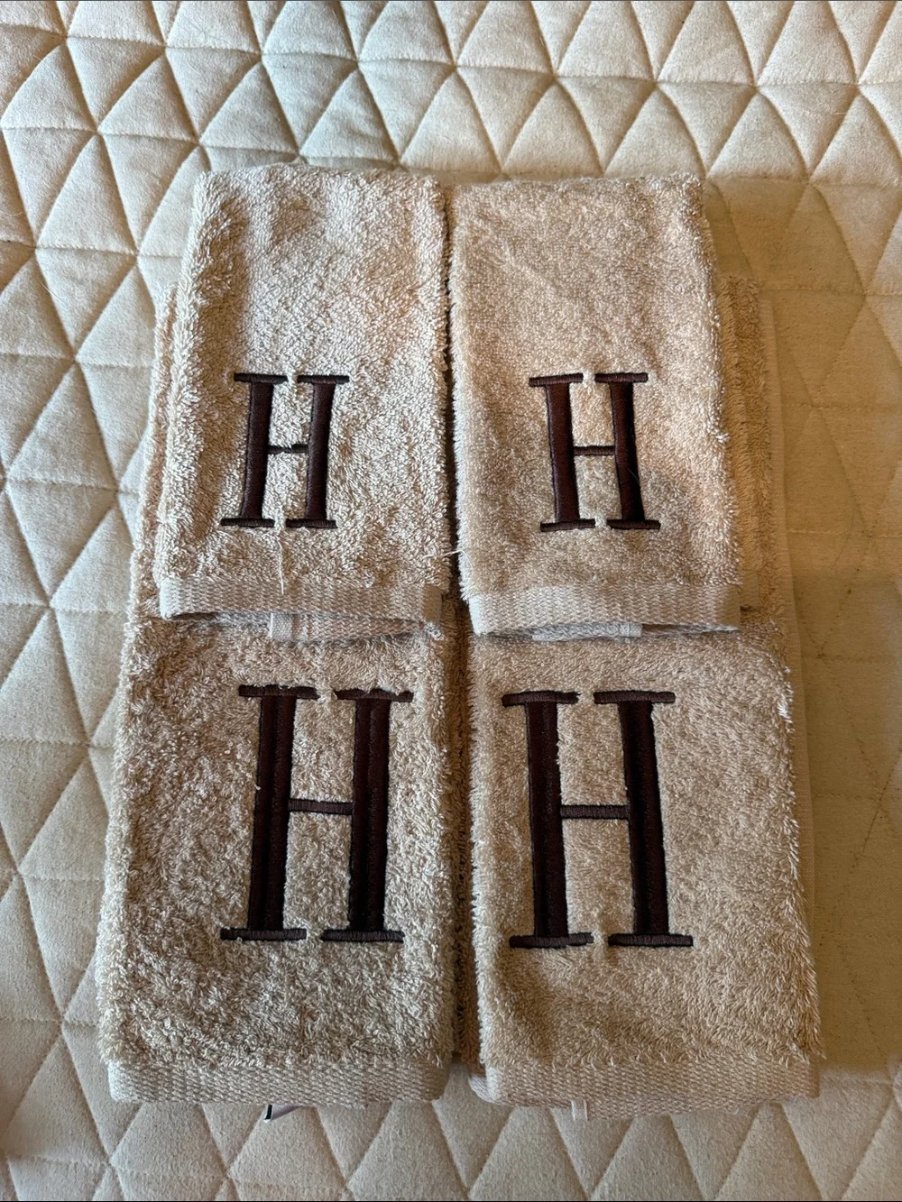 Monogrammed Beige Bath Hand Towel with Brown 'H'